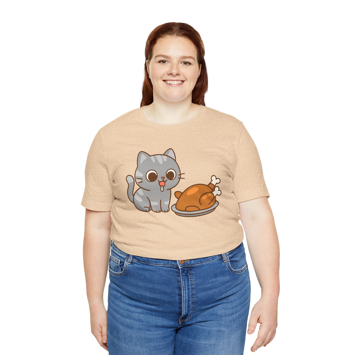 Beige crew-neck T-shirt with cute cat and turkey graphic on model