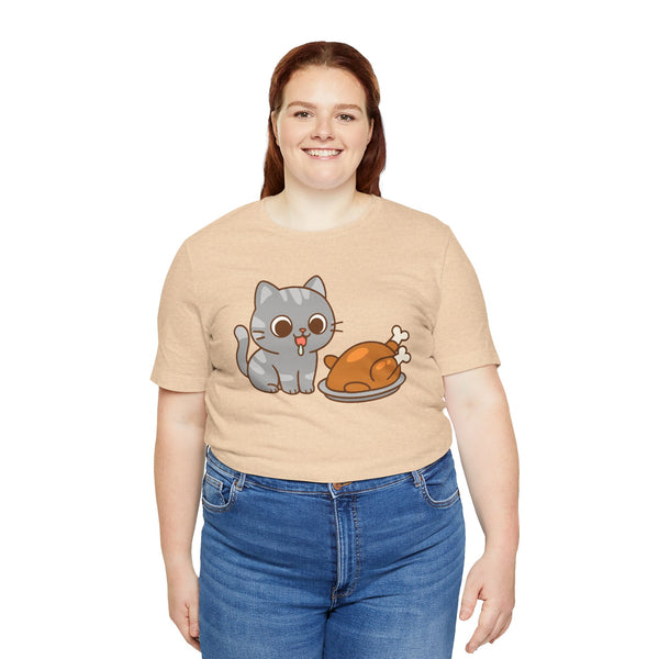 Beige crew-neck T-shirt with cute cat and turkey graphic on model