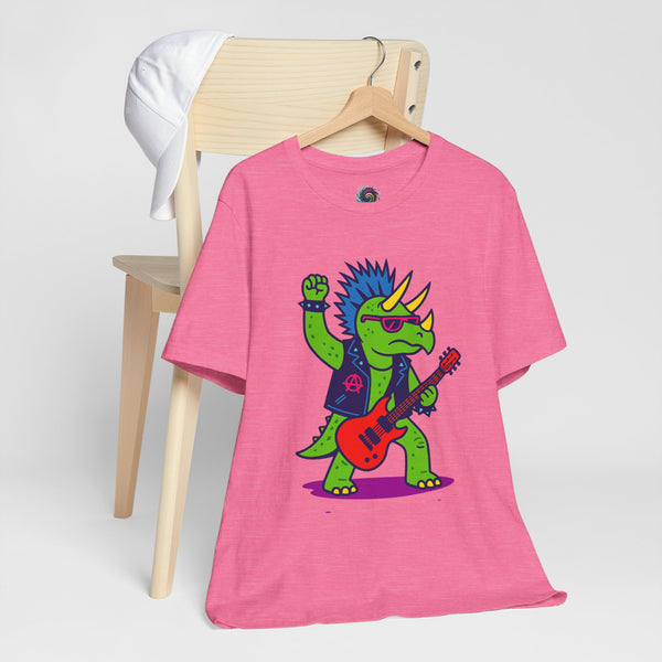 Pink crew-neck graphic T-shirt with punk triceratops holding an electric guitar