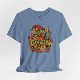 Steel blue crew-neck T-shirt with colorful Goblin Mode seasonal graphic on front