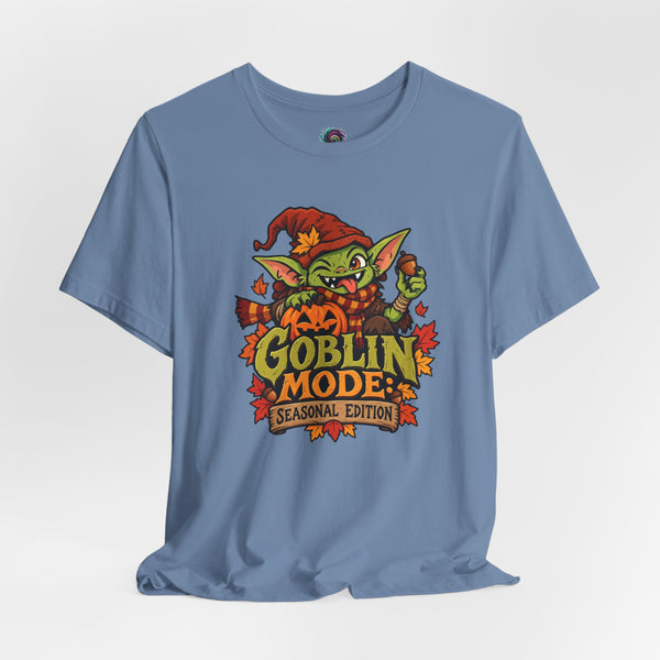 Steel blue crew-neck T-shirt with colorful Goblin Mode seasonal graphic on front