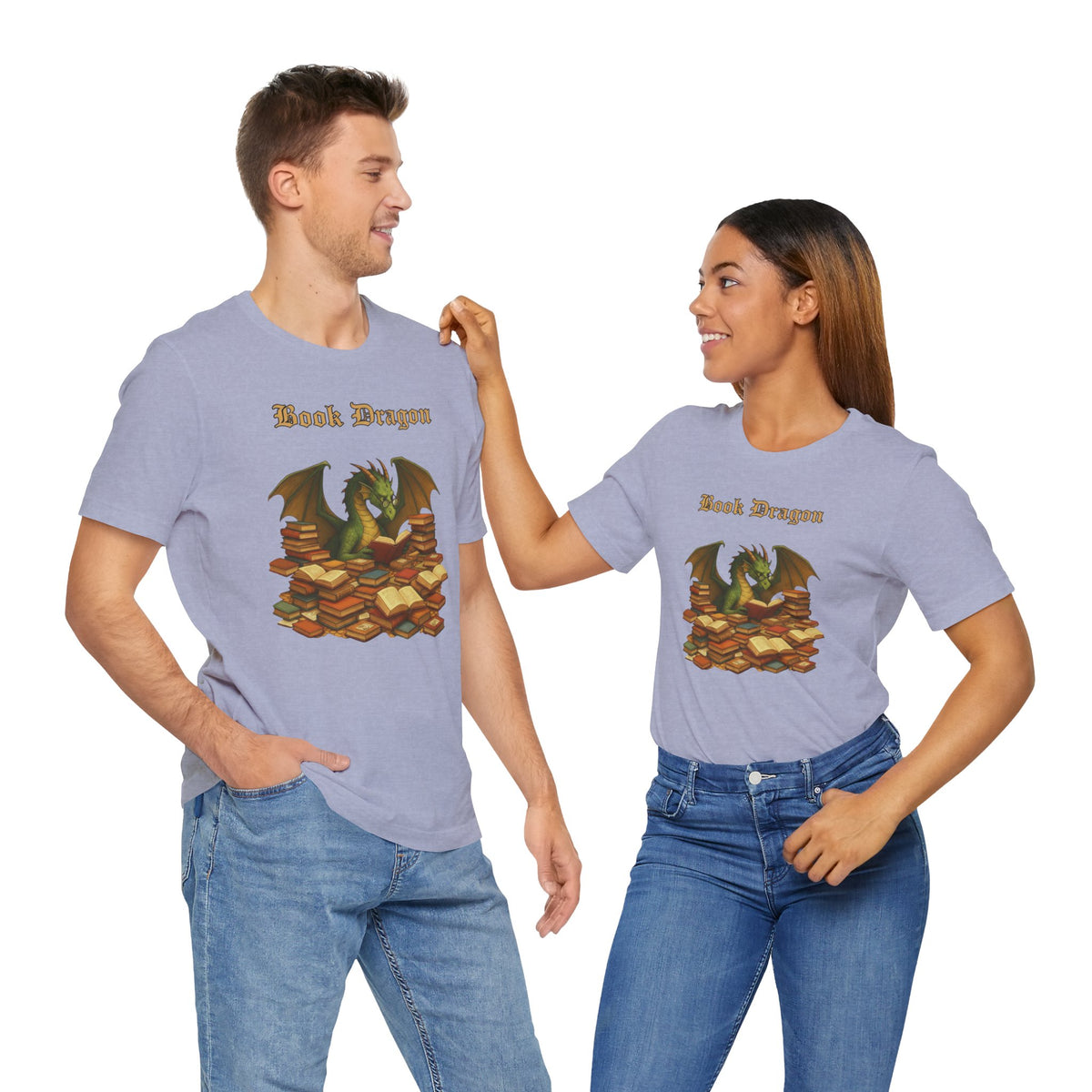 Two lavender crew-neck T-shirts with Book Dragon graphic, shown on people