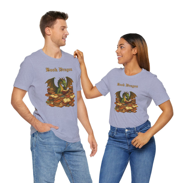 Two lavender crew-neck T-shirts with Book Dragon graphic, shown on people