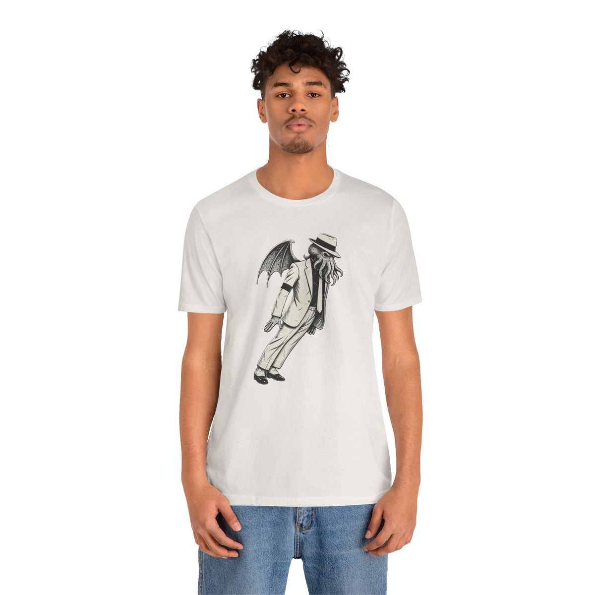 White crewneck T-shirt with character graphic print, short sleeves