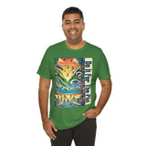 Green graphic T-shirt with colorful square panel and vertical typography print