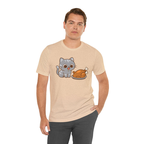 Tan crewneck cat and turkey graphic t-shirt, short sleeves