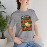 Heather gray T-shirt with colorful pumpkin graphic and fall slogan on the front.