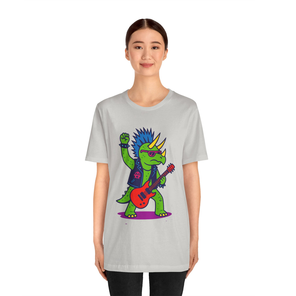 Heather gray T-shirt with colorful punk triceratops playing a red electric guitar graphic