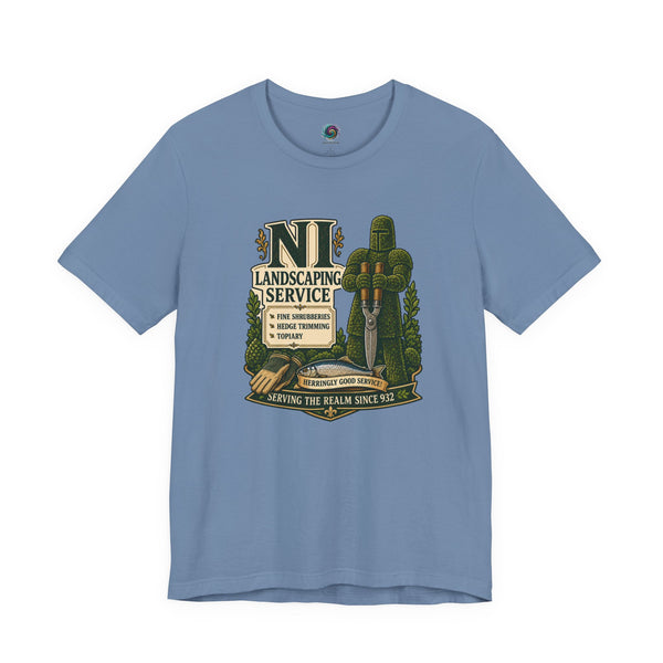 Light blue T-shirt with green medieval landscaping crest graphic, crew neck