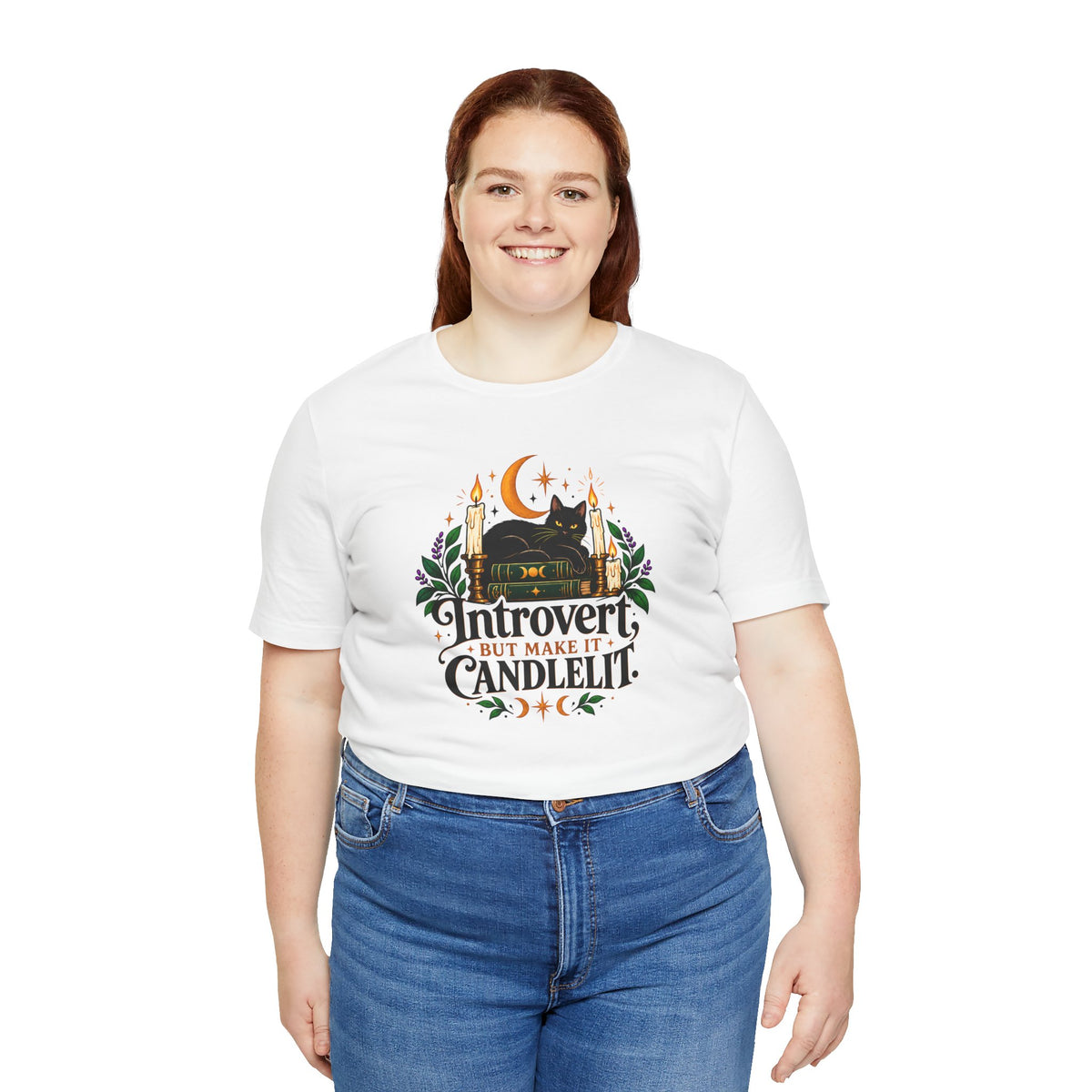 Introvert But Make It Candlelit T-shirt - Witchy Bookish Cat Tee