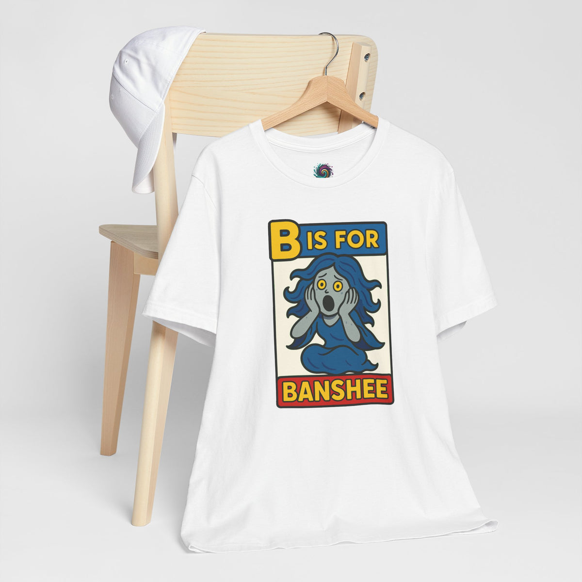 White short-sleeve T-shirt with B is for Banshee letter graphic print on front