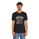 Black crewneck T-shirt with “GIRL DAD: Braids, Bows & Big Feelings” graphic, full front