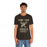 Black crew-neck T-shirt with 'I fixed it (eventually)' wrench and tools graphic