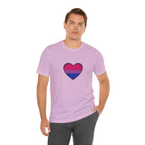 Purple crew-neck T-shirt with black heart Pride flag graphic centered on chest