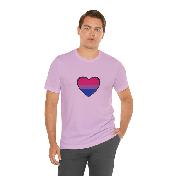 Purple crew-neck T-shirt with black heart Pride flag graphic centered on chest