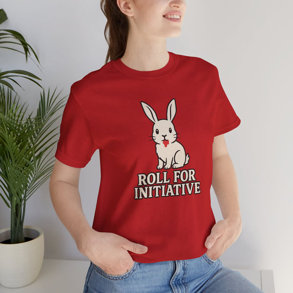 Red graphic tee with bunny illustration and “Roll for Initiative” slogan