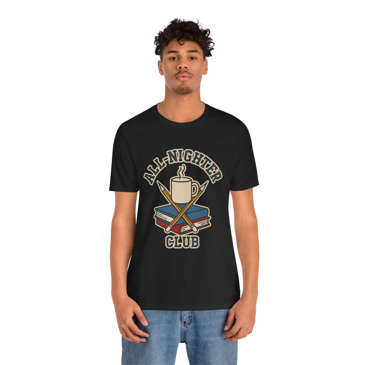 Black crewneck T-shirt with All-Nighter Club coffee graphic on front