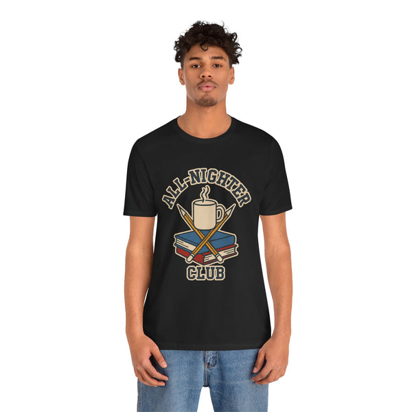 Black crewneck T-shirt with All-Nighter Club coffee graphic on front
