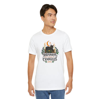 Introvert But Make It Candlelit T-shirt - Witchy Bookish Cat Tee