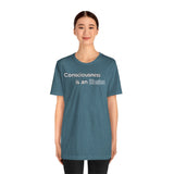 Heathered teal graphic T-shirt with text “Consciousness is an illusion” on chest