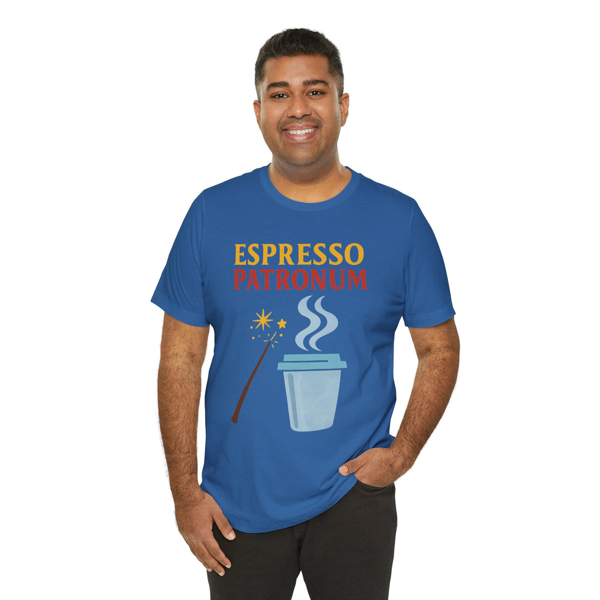 Blue crew-neck T-shirt on man with “ESPRESSO PATRONUM” lettering and espresso cup graphic.