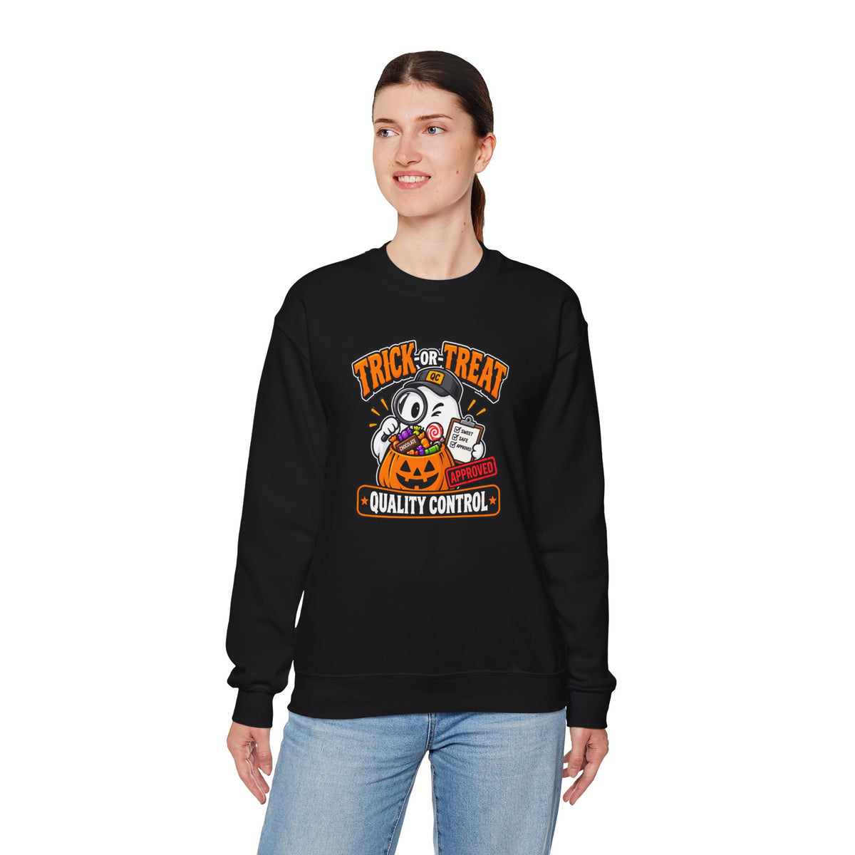 Trick-or-Treat Quality Control Sweatshirt – Funny Halloween Cozy Top