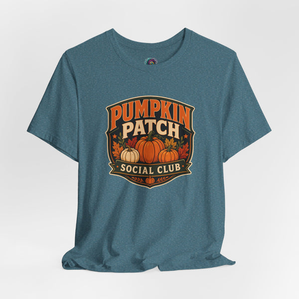 Teal heather T-shirt with Pumpkin Patch Social Club pumpkin graphic on front