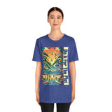 Royal blue T-shirt with colorful front graphic and vertical side text print