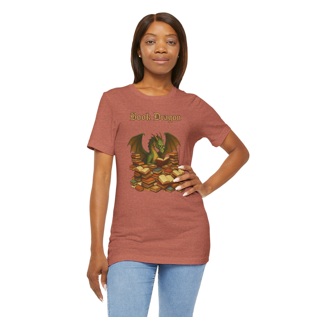 Rust brown crewneck t-shirt with Book Dragon dragon-and-books print, front view