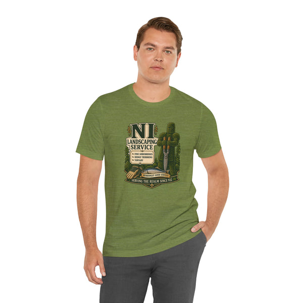 Olive green crewneck T-shirt with NL landscaping service front graphic