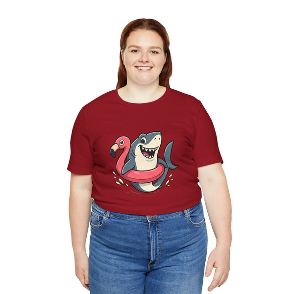 Red short-sleeve crewneck T-shirt featuring a cartoon shark and pink flamingo graphic