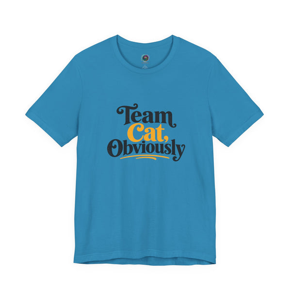 Teal blue T-shirt with 'Team Cat, Obviously' graphic, short sleeves, crew neck