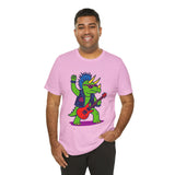 Heather pink crewneck t-shirt with green triceratops punk rocker graphic and red guitar