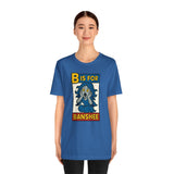 Blue crew-neck T-shirt showing 'B is for Banshee' front graphic, short sleeves