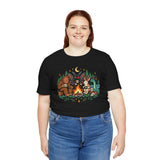 Black short-sleeve T-shirt with colorful campfire cryptid graphic on the chest