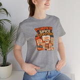 Heather gray crew-neck t-shirt with “Pumpkin Spice Everything” fall graphic print