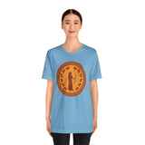 Heather blue crewneck T-shirt with orange round Greek myth figure graphic