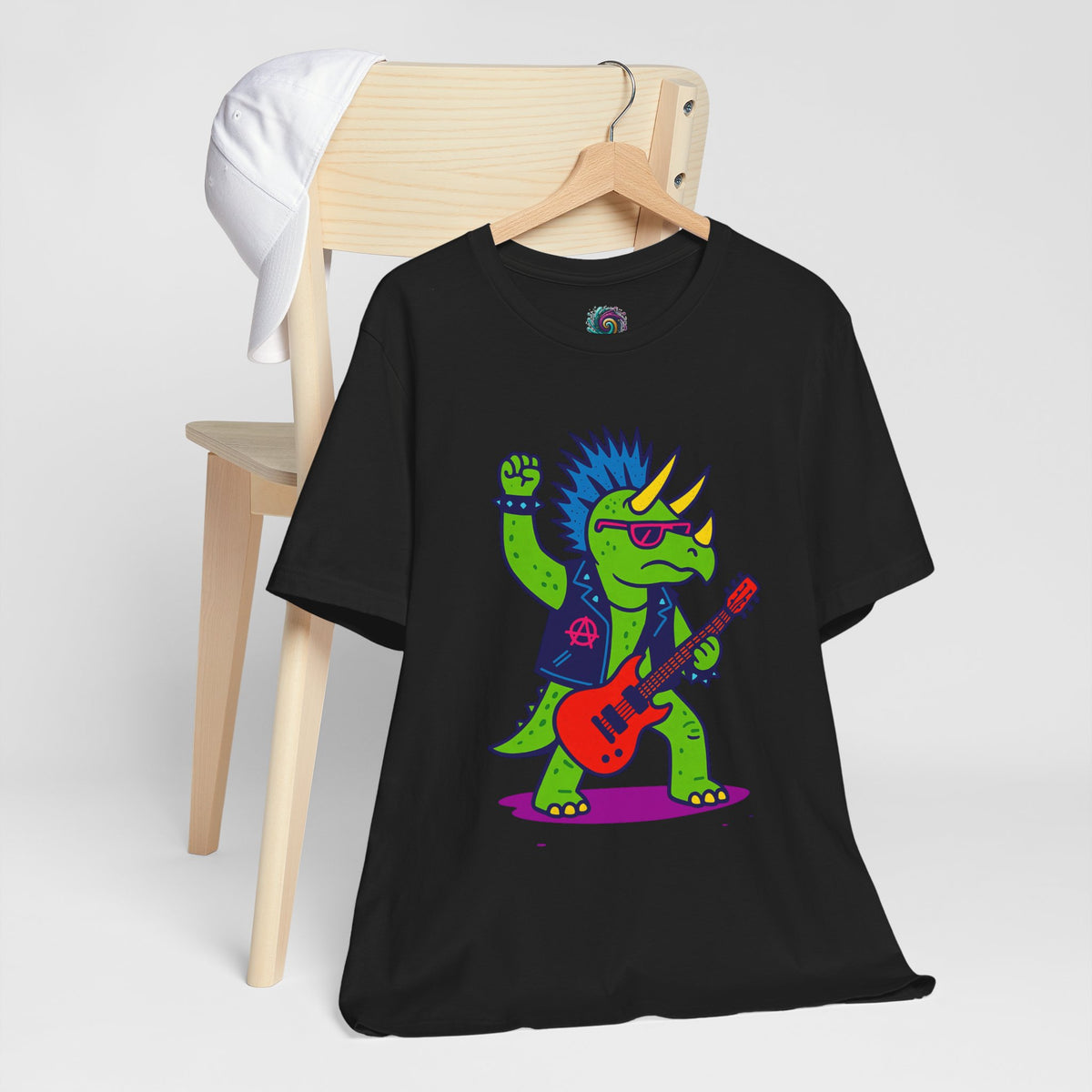 Black crewneck t-shirt with colorful punk triceratops playing red guitar graphic