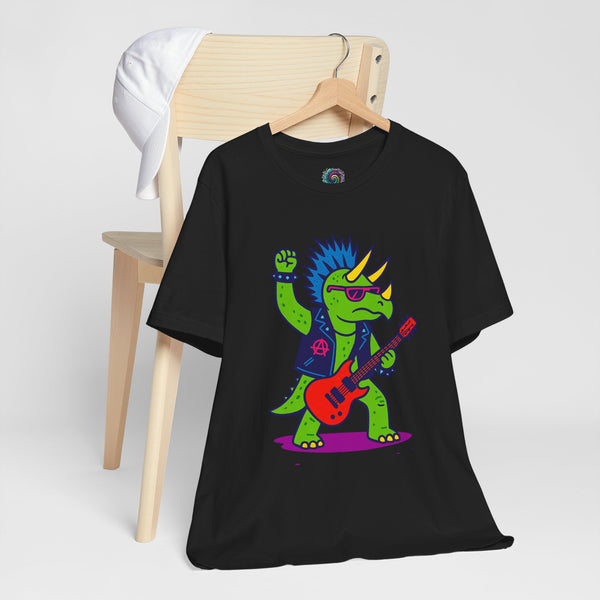 Black crewneck t-shirt with colorful punk triceratops playing red guitar graphic