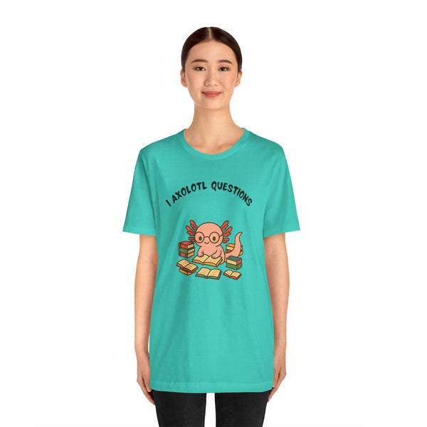 Teal crewneck T-shirt with axolotl reading books front graphic