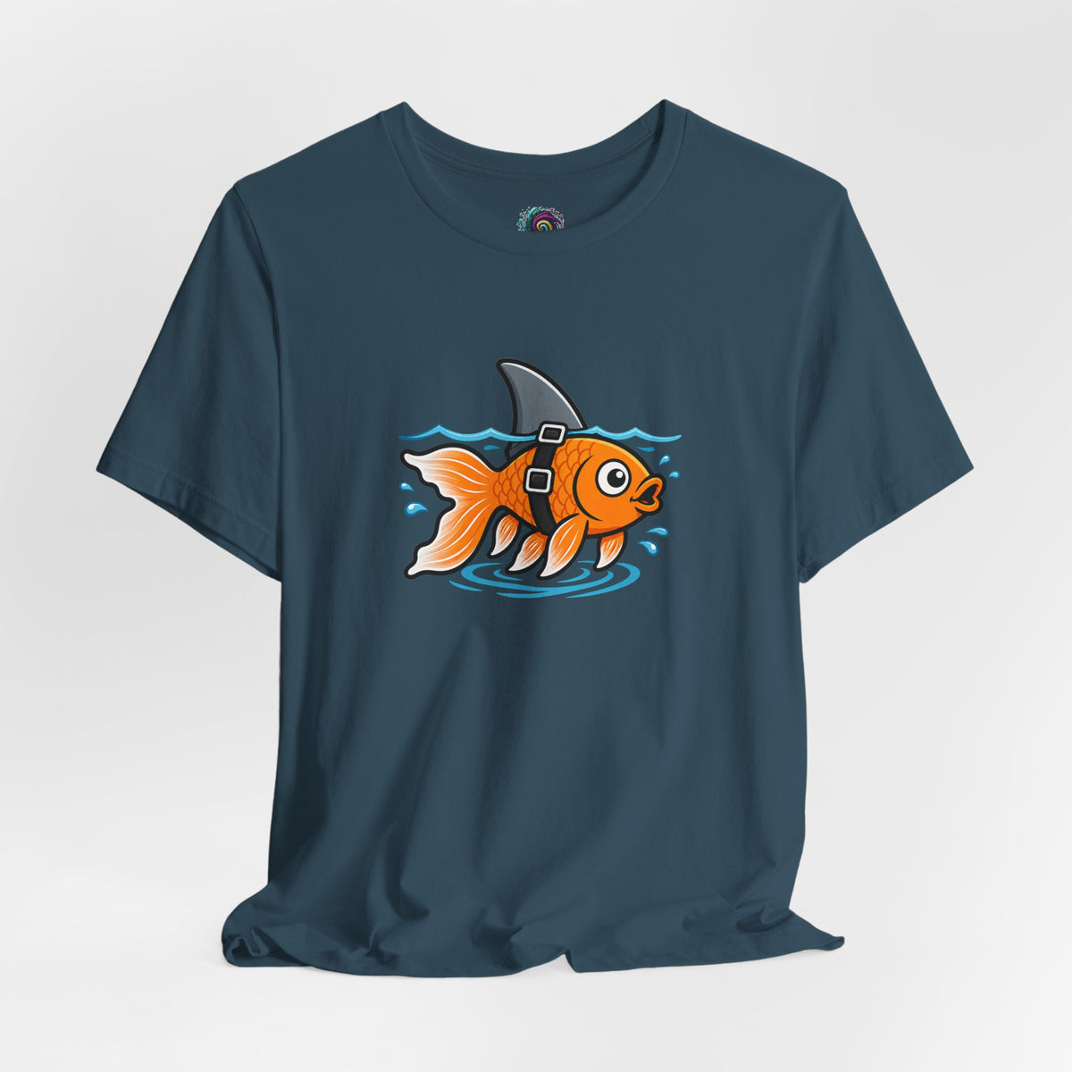 Teal short-sleeve crew-neck T-shirt with orange fish-shark graphic on chest