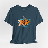 Teal short-sleeve crew-neck T-shirt with orange fish-shark graphic on chest