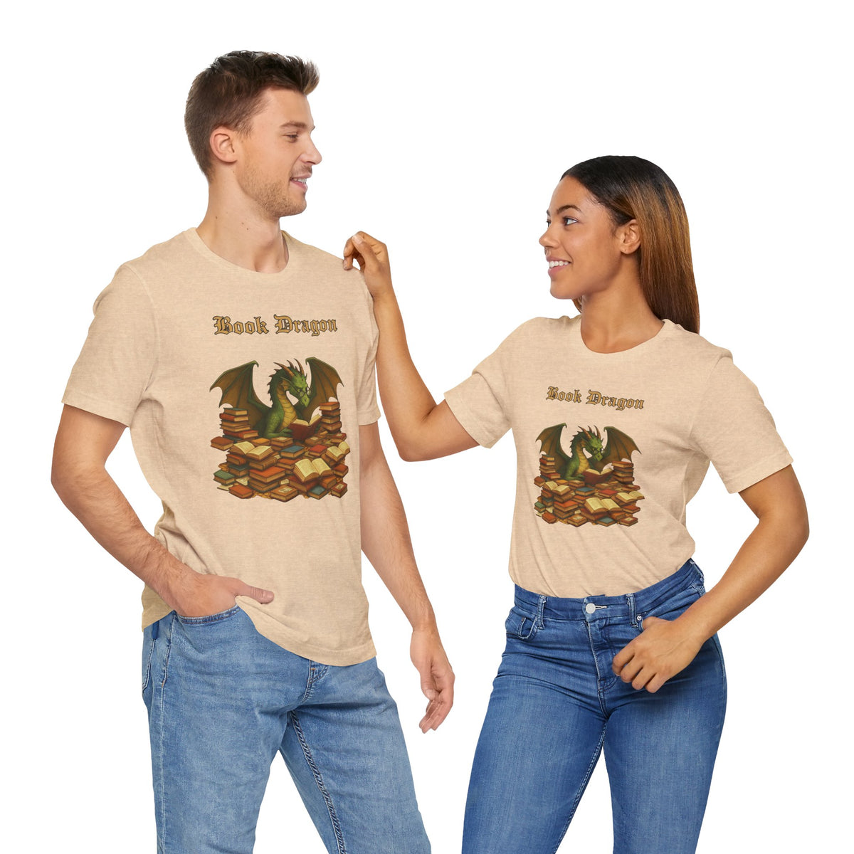 Tan crew-neck t-shirts with Book Dragon graphic worn by two people