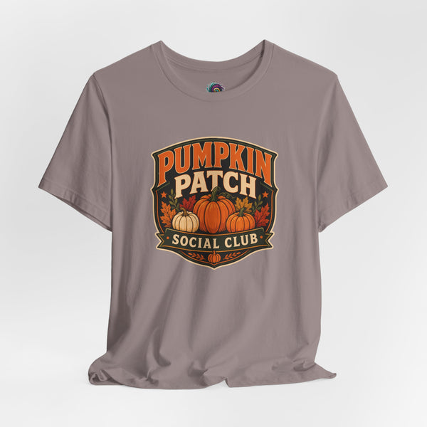 Heather purple T-shirt with Pumpkin Patch Social Club logo and pumpkin graphic