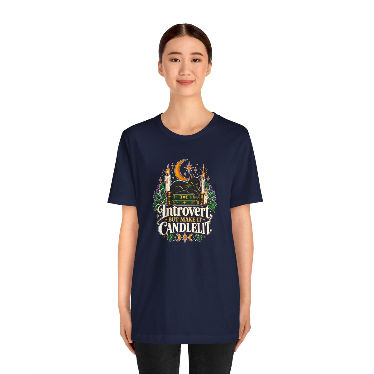 Introvert But Make It Candlelit T-shirt - Witchy Bookish Cat Tee