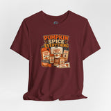 Burgundy crewneck T-shirt with Pumpkin Spice Everything graphic print
