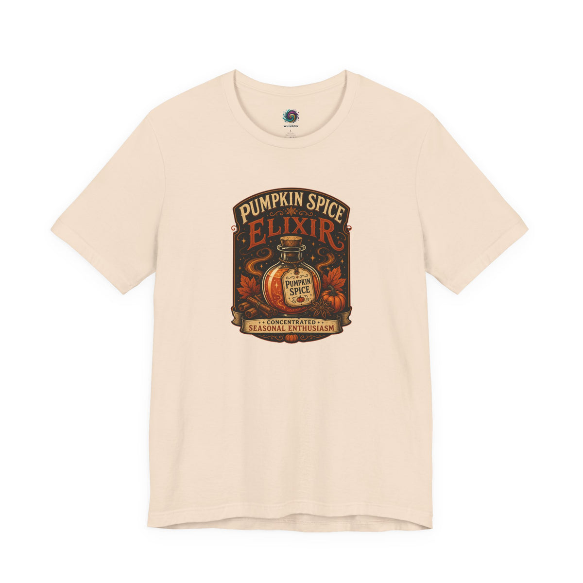 Soft cream crew-neck T-shirt with Pumpkin Spice Elixir front graphic