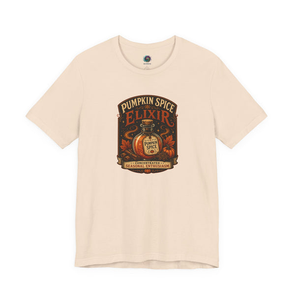 Soft cream crew-neck T-shirt with Pumpkin Spice Elixir front graphic