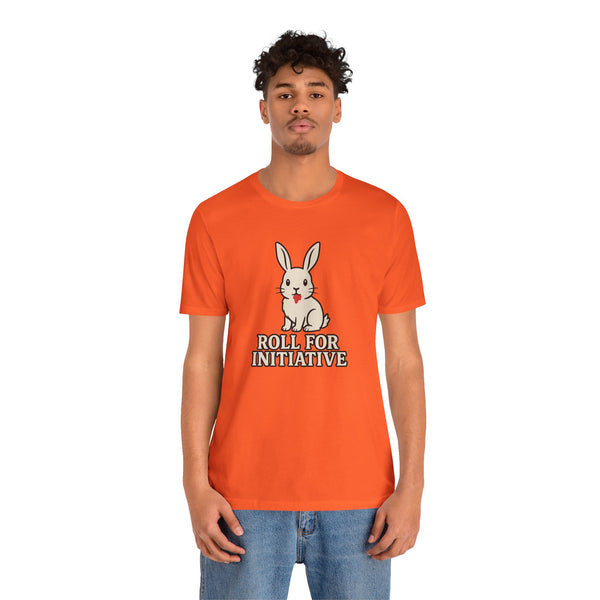 Orange crew-neck t-shirt showing a rabbit character with “Roll for Initiative”