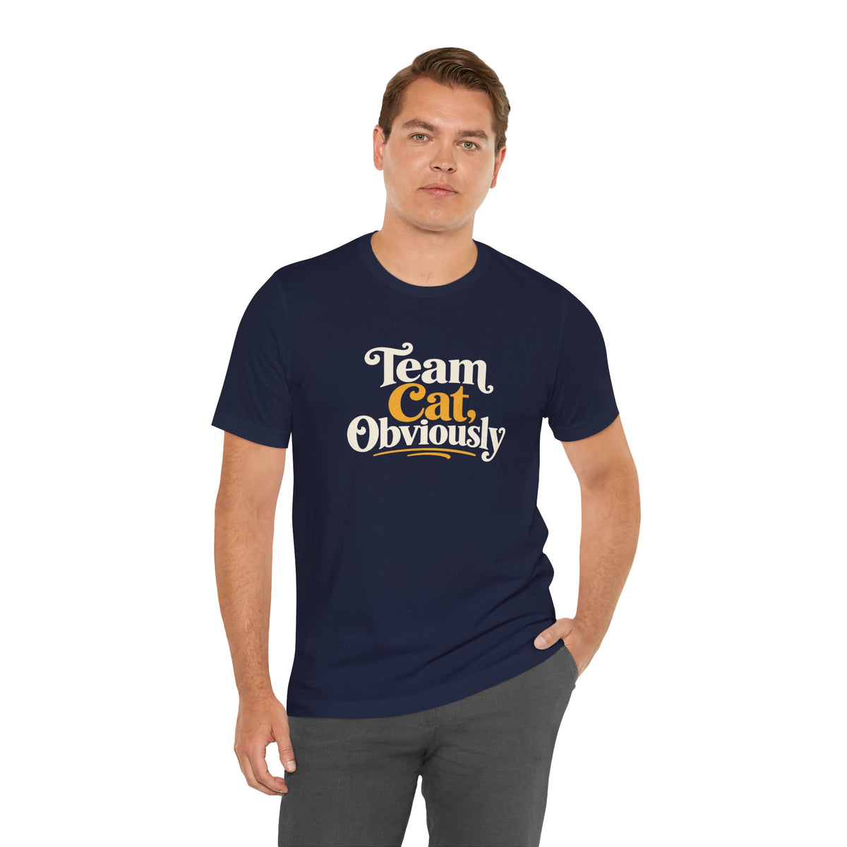 Navy crewneck T-shirt, front “Team Cat, Obviously” graphic in tan and orange.